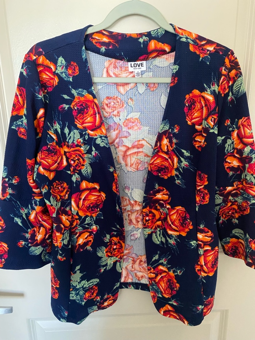 LOVE Navy Open Jacket with Bright Orange Rose Print